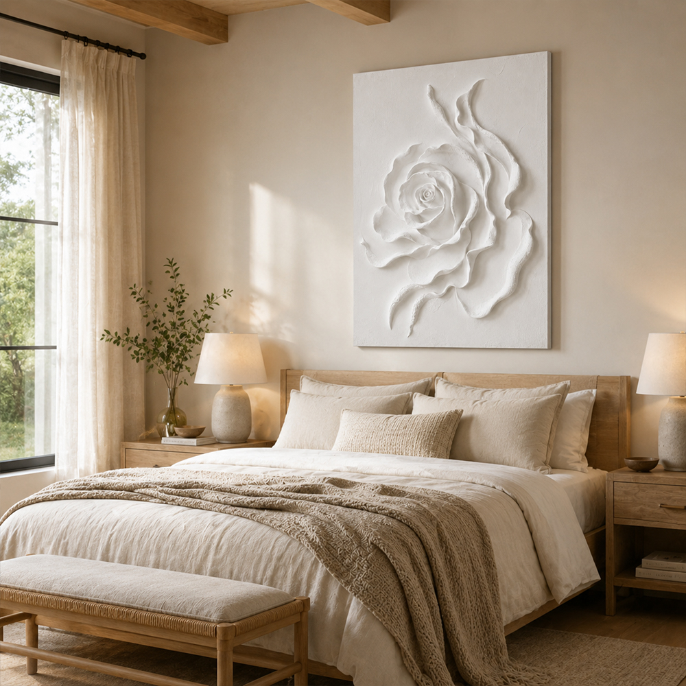 Minimalist Painting Art – Textured White Rose Relief