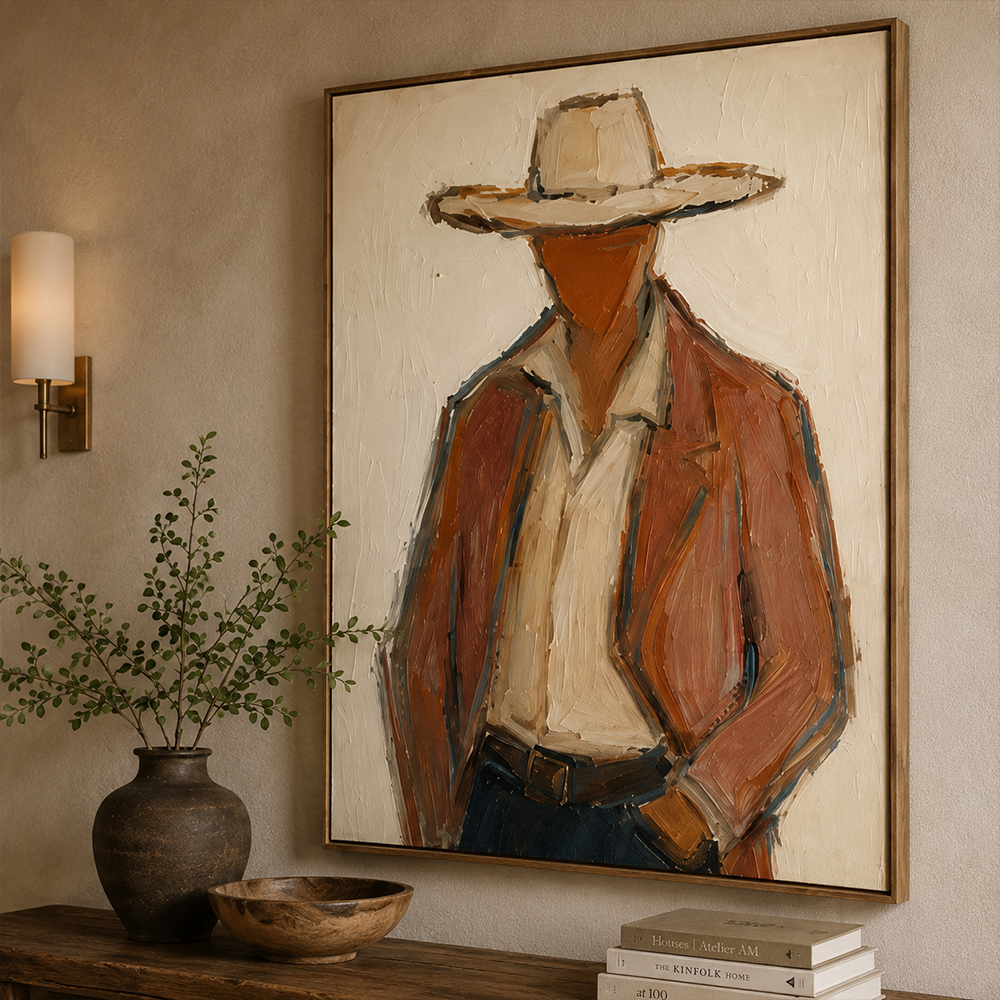 Vintage Americana Art – Textured Rustic Western Minimalist Handmade Oil Painting Wall Art