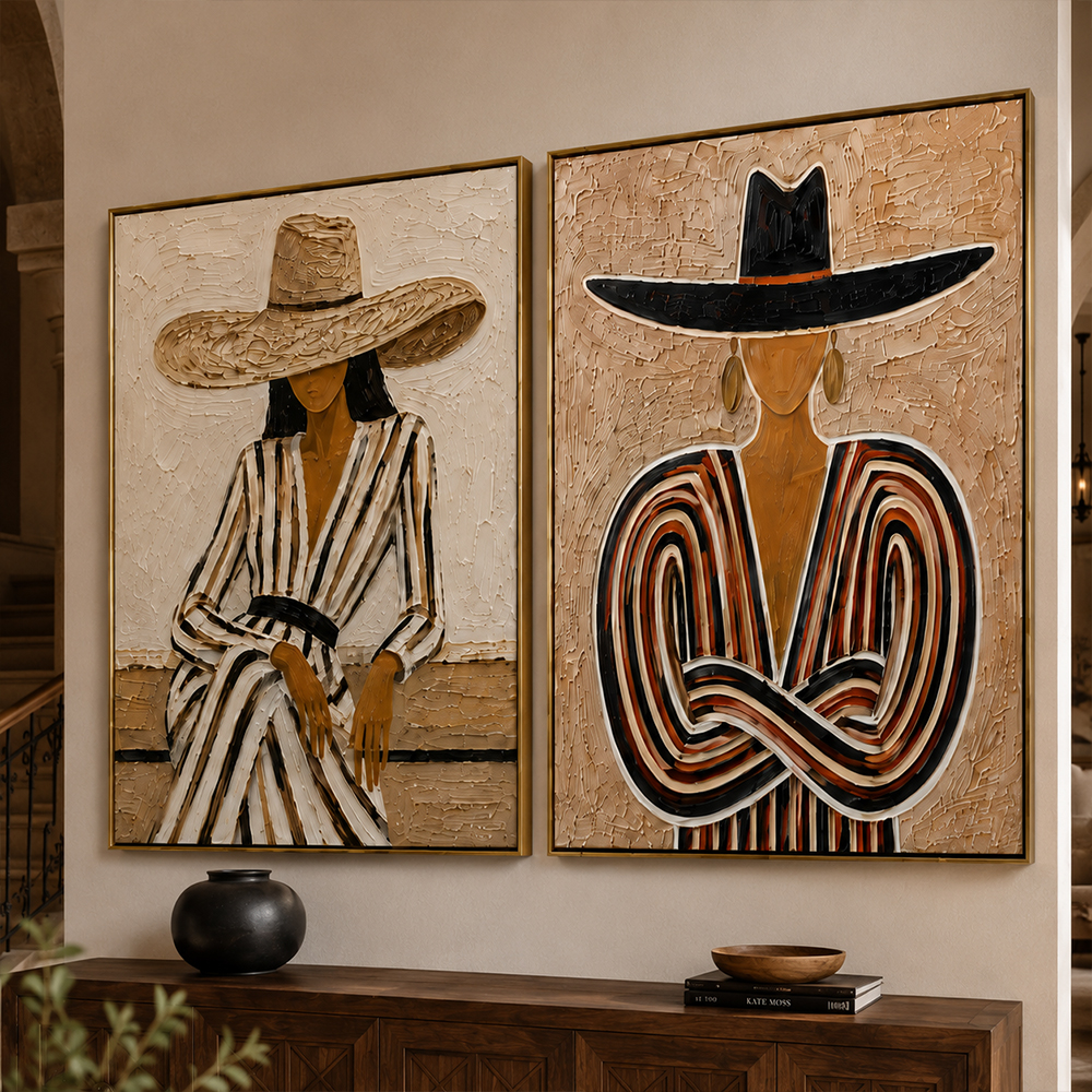 [Copy]Vintage Americana Art – Handmade Woman & Dark Horse Textured Oil Painting