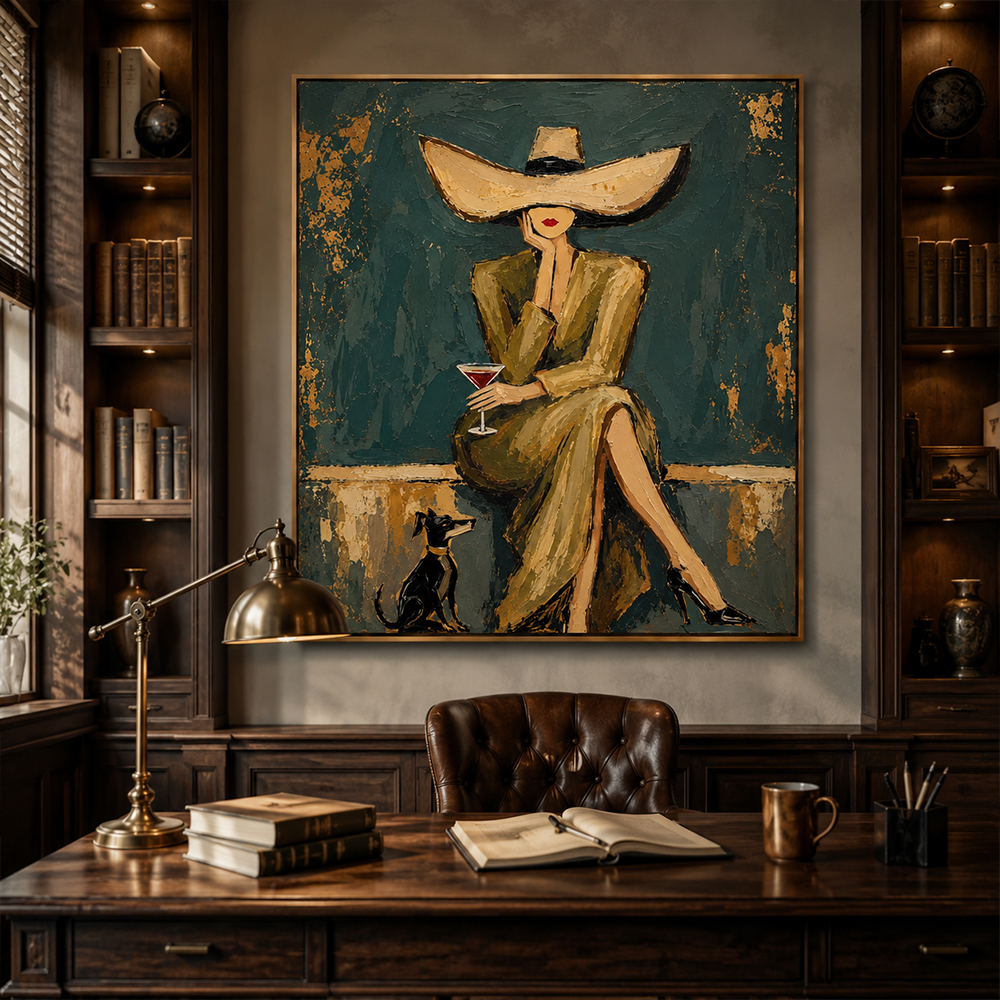 Vintage Americana Art – Hat Lady with Cocktail & Dog Textured Handmade Oil Painting Wall Art