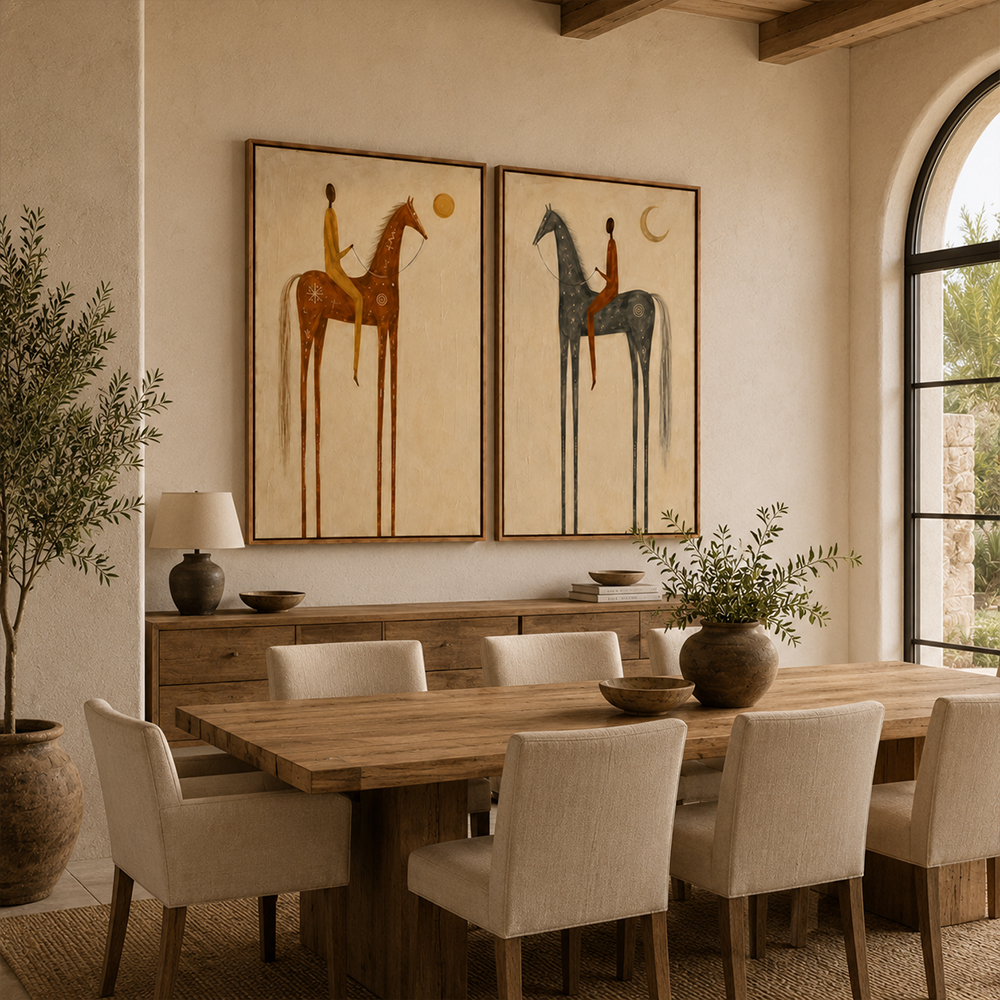 Vintage Americana Art – Sun & Moon Equestrian Diptych Textured Handmade Oil Painting Wall Art