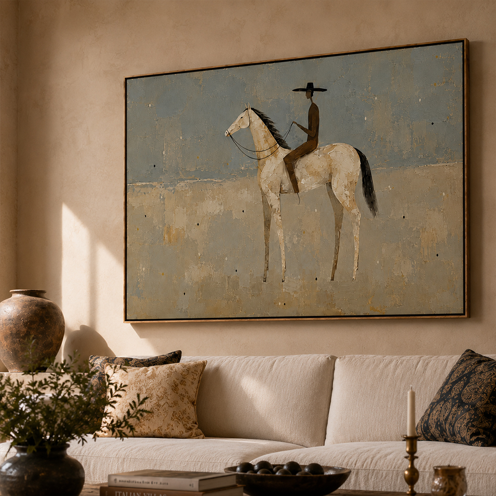 Vintage Americana Art – Pale Horse Rider Textured Handmade Oil Painting Wall Art