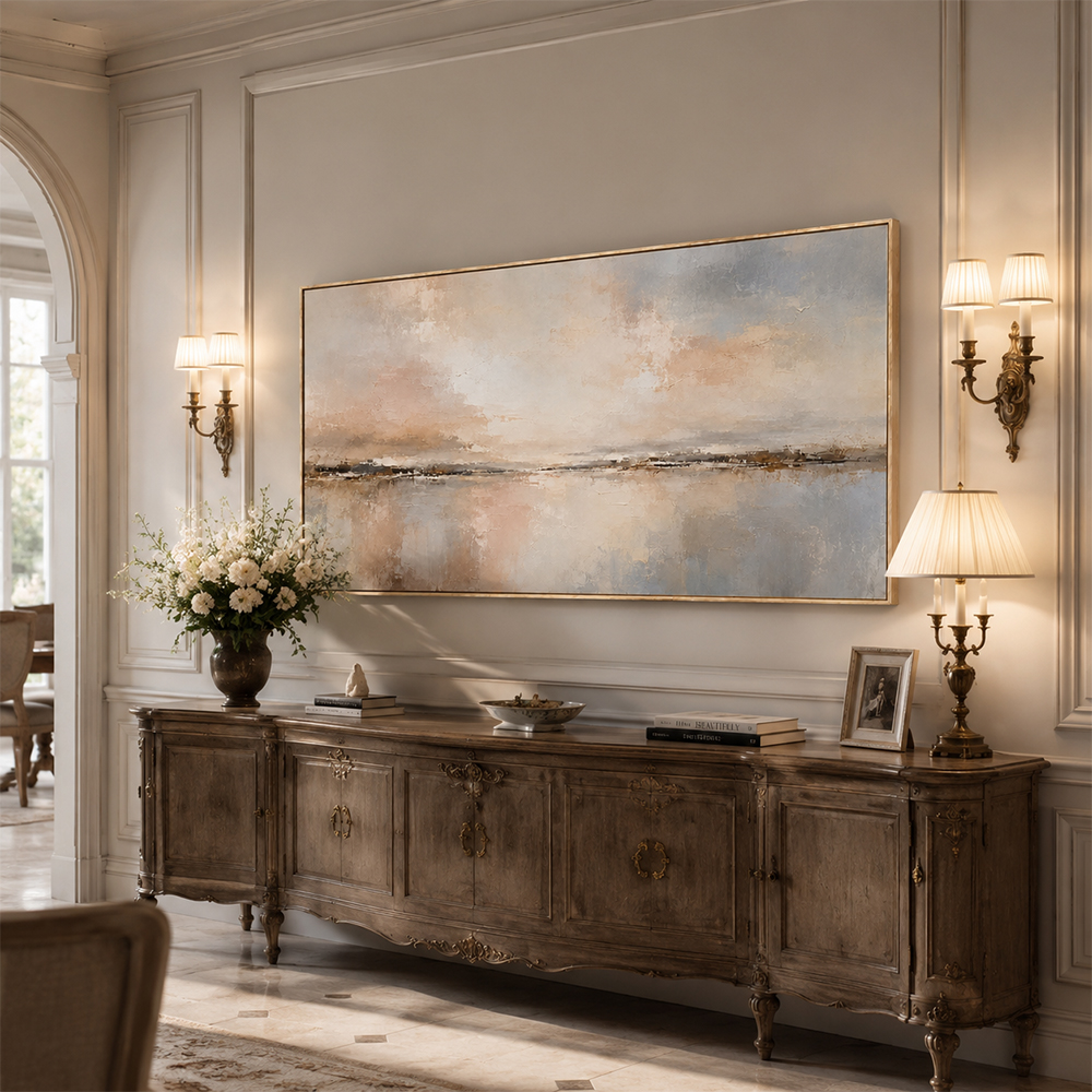 Abstract Wall Art – Neutral Lakescape Textured Handmade Oil Painting Wall Art