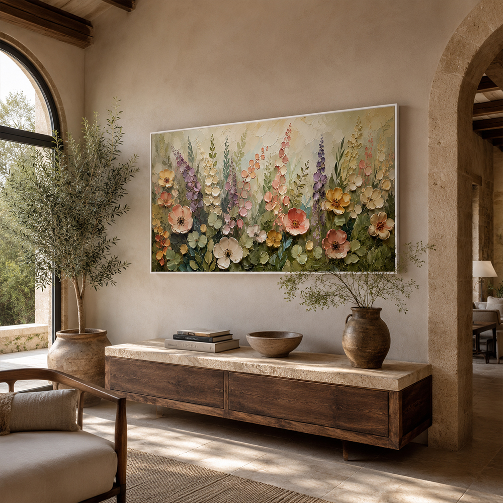 Texture Painting Art – Pastel Wildflower Textured Handmade Oil Painting Wall Art