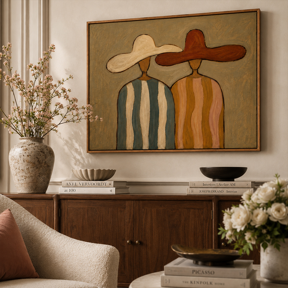 Vintage Americana Art – Earthy Minimalist Abstract Figure Handmade Textured Oil Painting Wall Art