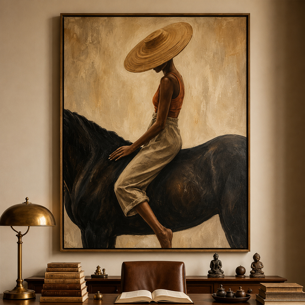 Vintage Americana Art – Handmade Woman & Dark Horse Textured Oil Painting