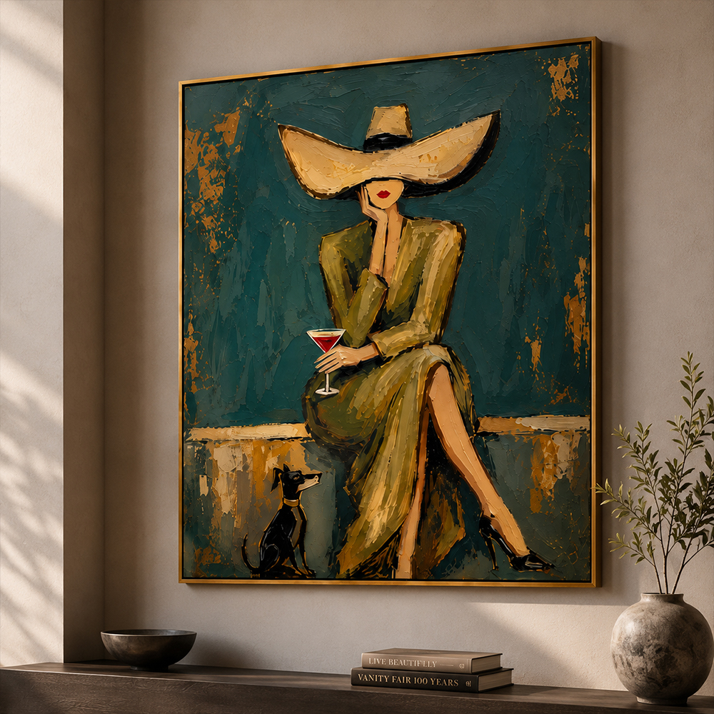 Vintage Americana Art – Hat Lady with Cocktail & Dog Textured Handmade Oil Painting Wall Art