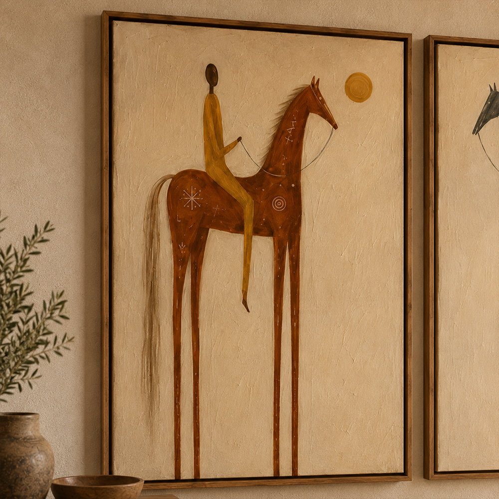 Vintage Americana Art – Sun & Moon Equestrian Diptych Textured Handmade Oil Painting Wall Art
