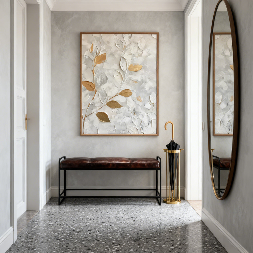 Still Veins– Hand-Painted Textured Floral Oil Painting Wall Art in White and Gold