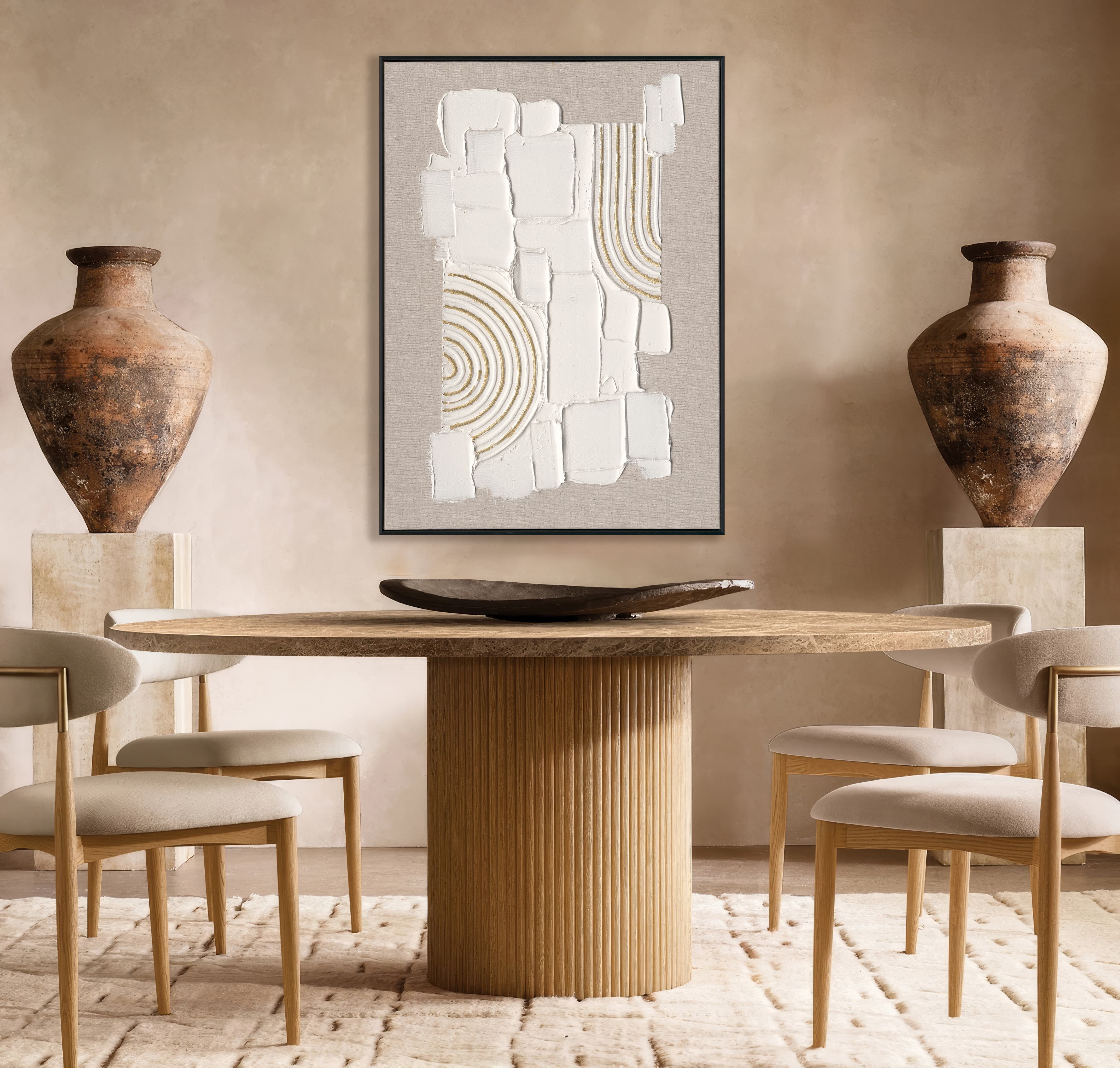 Original handmade texture art, crafted with plaster and golden lines, adding unique depth and serene modern Wabi-Sabi charm.