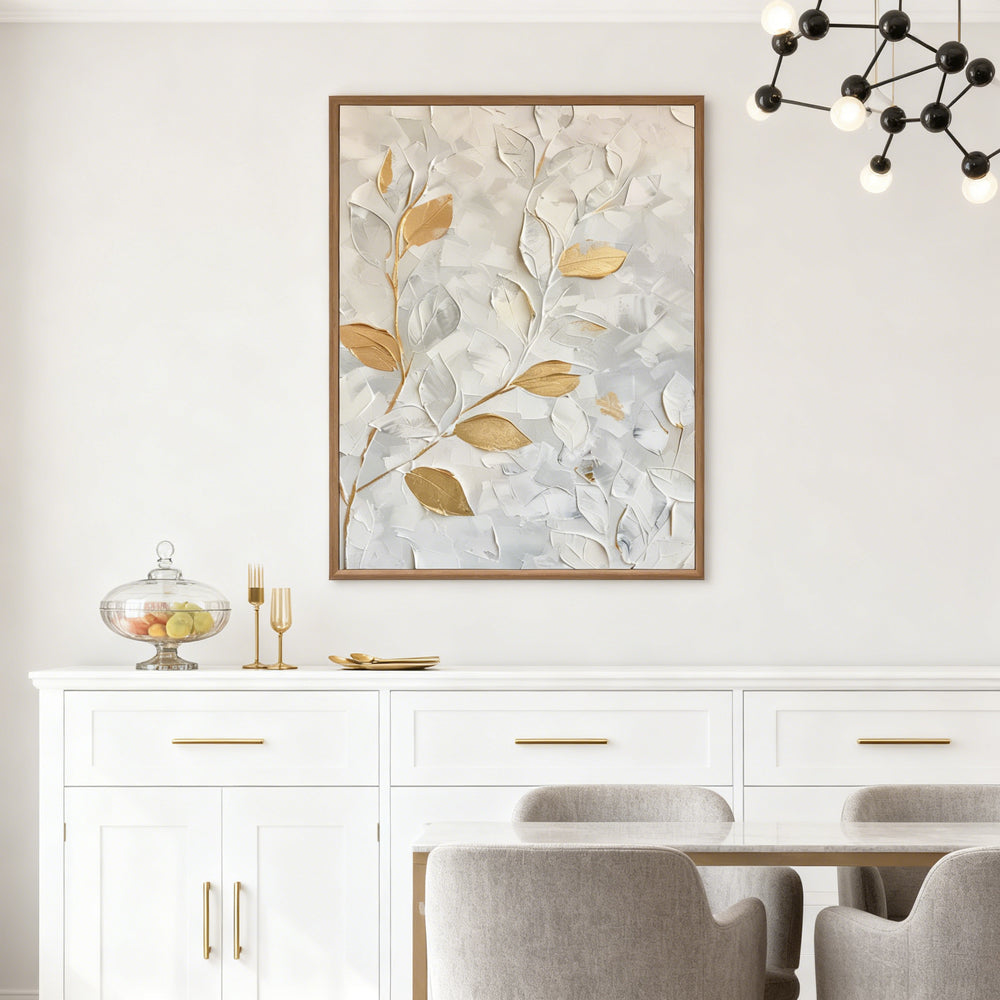 Still Veins– Hand-Painted Textured Floral Oil Painting Wall Art in White and Gold