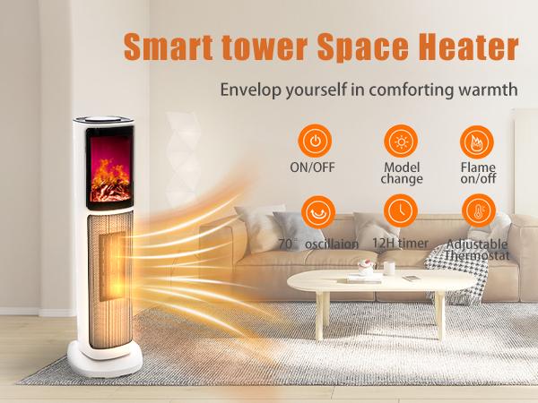 Ceramic Tower 1500W Indoor Space Heater Fan, Room Heating with Oscillation, Portable Tower heater for office, Bedroom, Living room, Overheat Protection, Electronic flame light effect, white