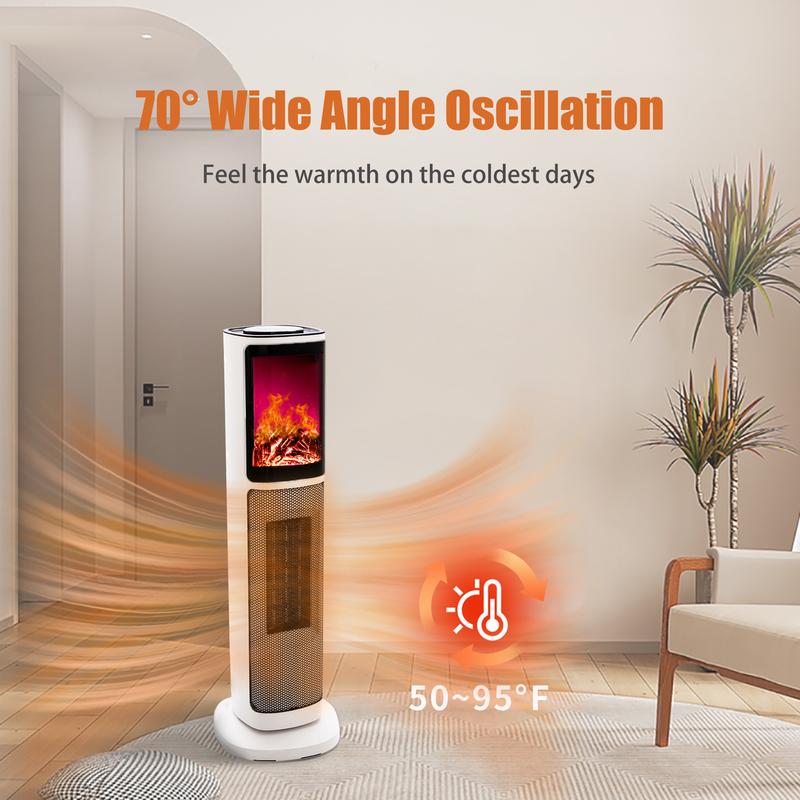 Ceramic Tower 1500W Indoor Space Heater Fan, Room Heating with Oscillation, Portable Tower heater for office, Bedroom, Living room, Overheat Protection, Electronic flame light effect, white