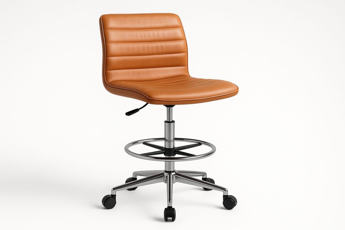 Adjustable Brown PU Leather Office Chair with Chrome-Plated Metal Base and Wheels-Torivento