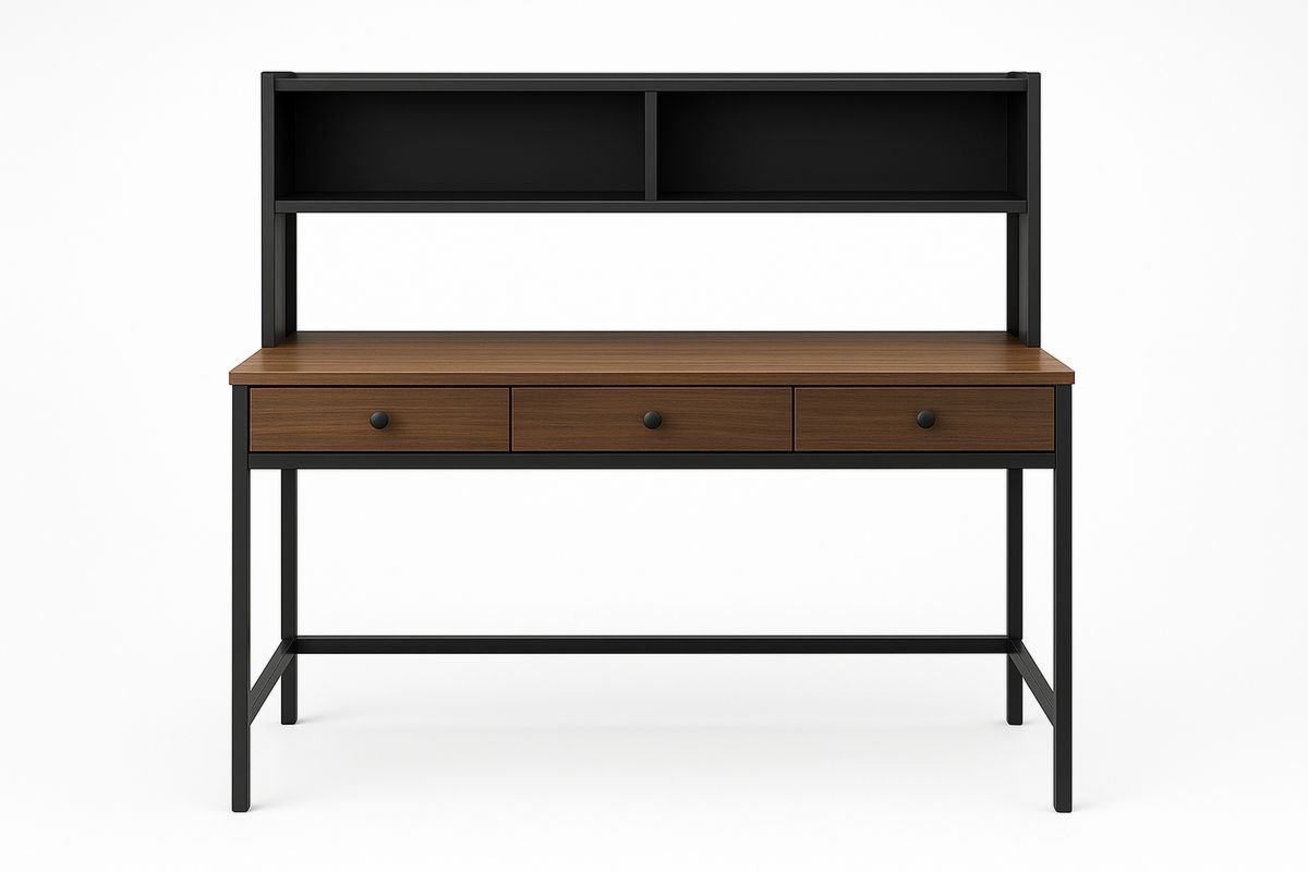 Walnut and Black Steel Office Desk with Shelf and Drawer-Torivento
