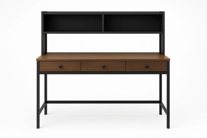 Walnut and Black Steel Office Desk with Shelf and Drawer-Torivento