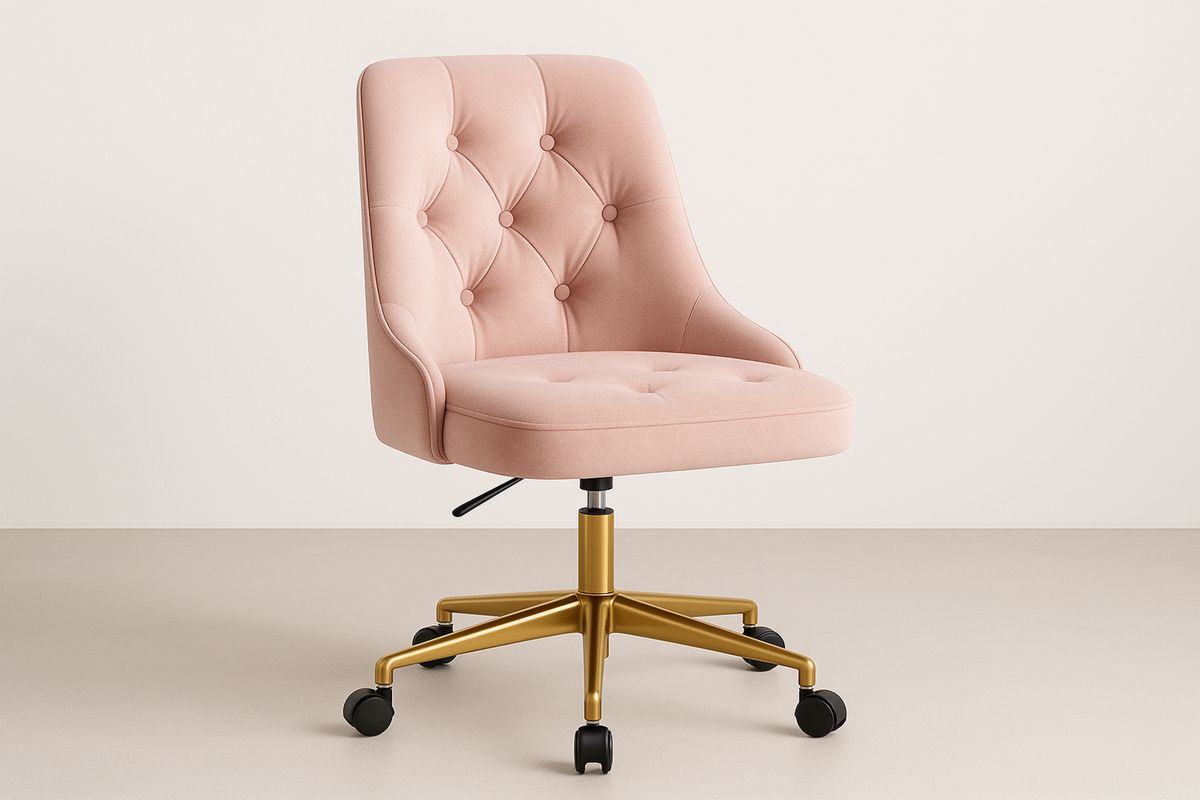 Pink Upholstered Office Chair with Tufted Back and Gold Metal Base-Torivento