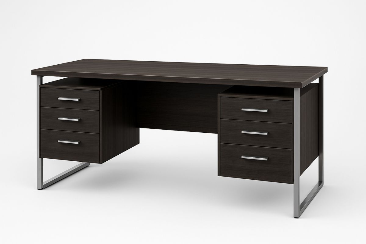 Dark Wood Office Desk with Metal Frame and Drawers 180cm-Torivento