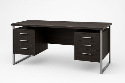 Dark Wood Office Desk with Metal Frame and Drawers 180cm-Torivento