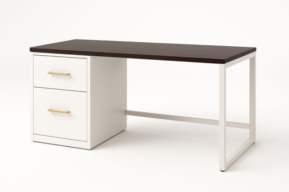 White and Walnut Office Desk with Drawers and Steel Frame 120cm-Torivento