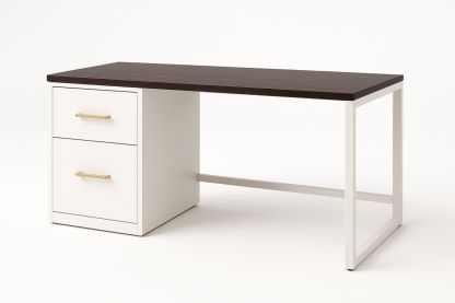 White and Walnut Office Desk with Drawers and Steel Frame 120cm-Torivento