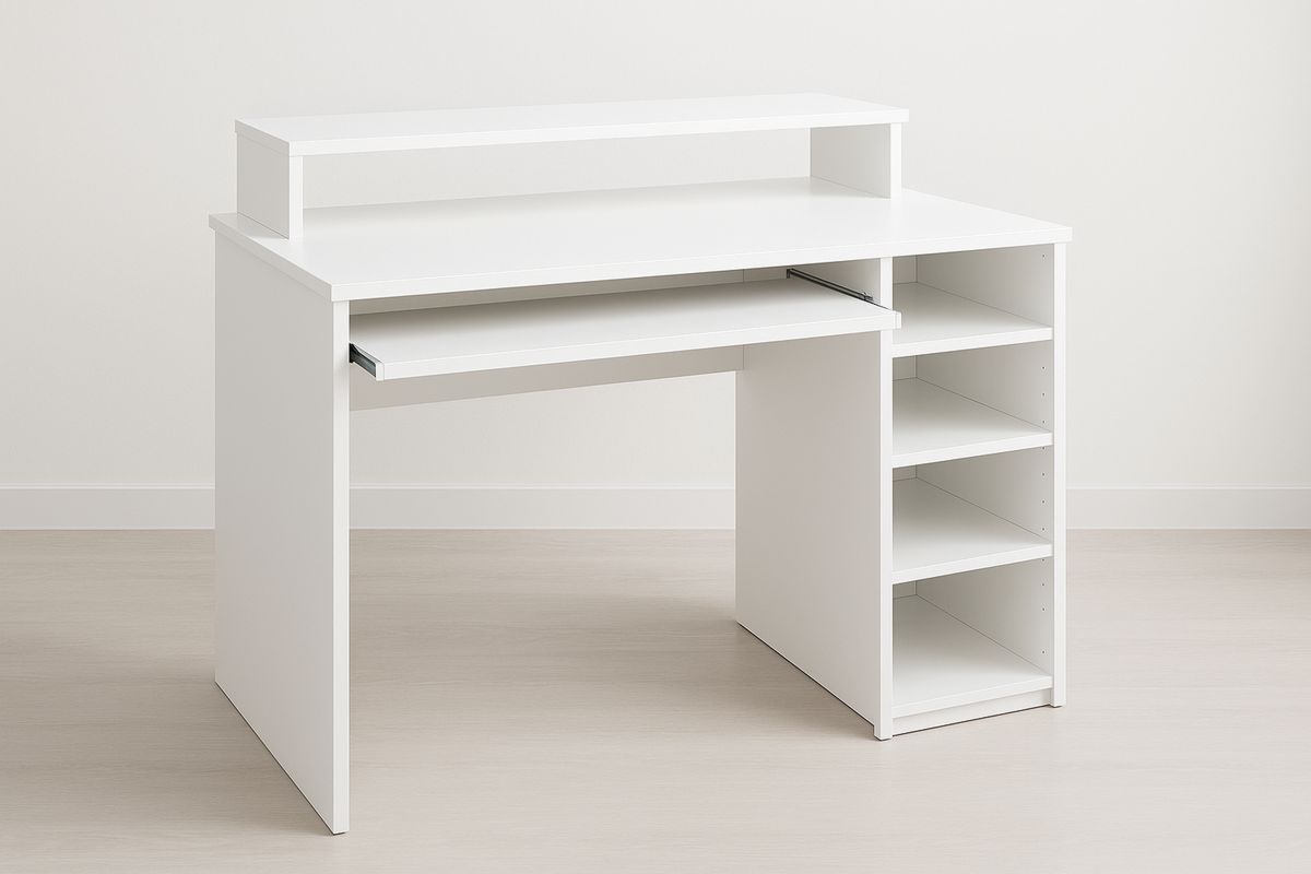 White MDF Office Desk with Storage and Keyboard Tray-Torivento