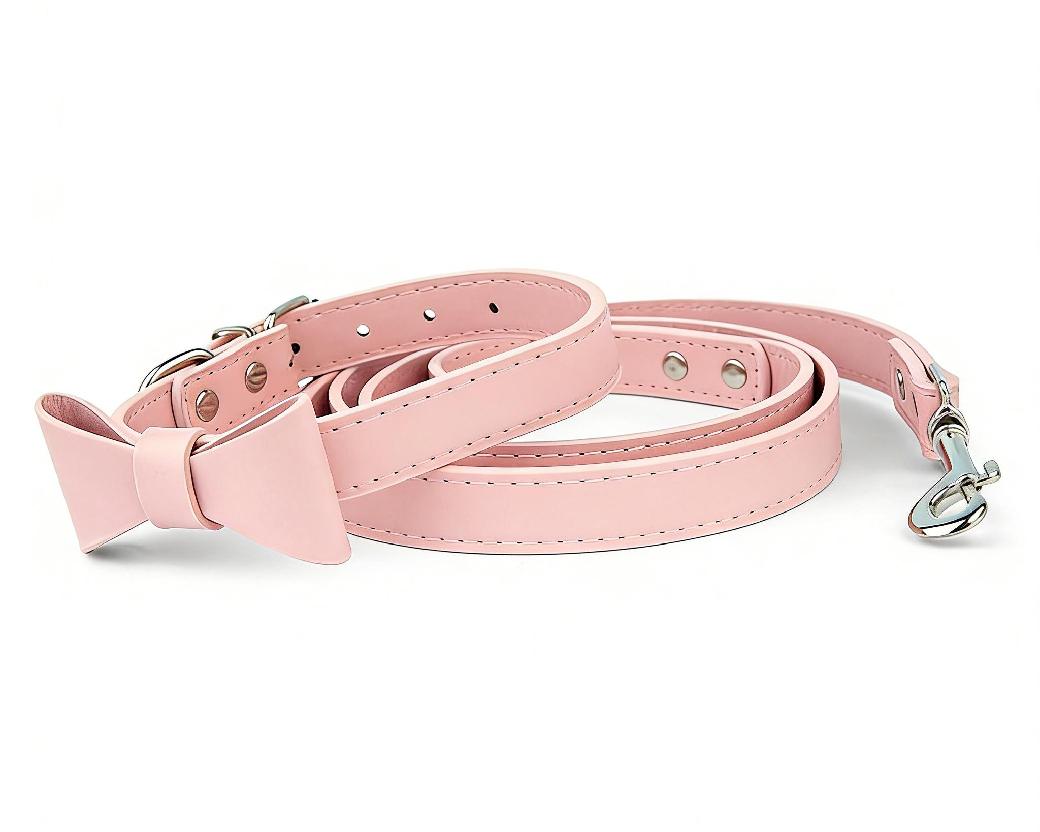 Pink Bow Dog Collar and Leash Vegan Leather