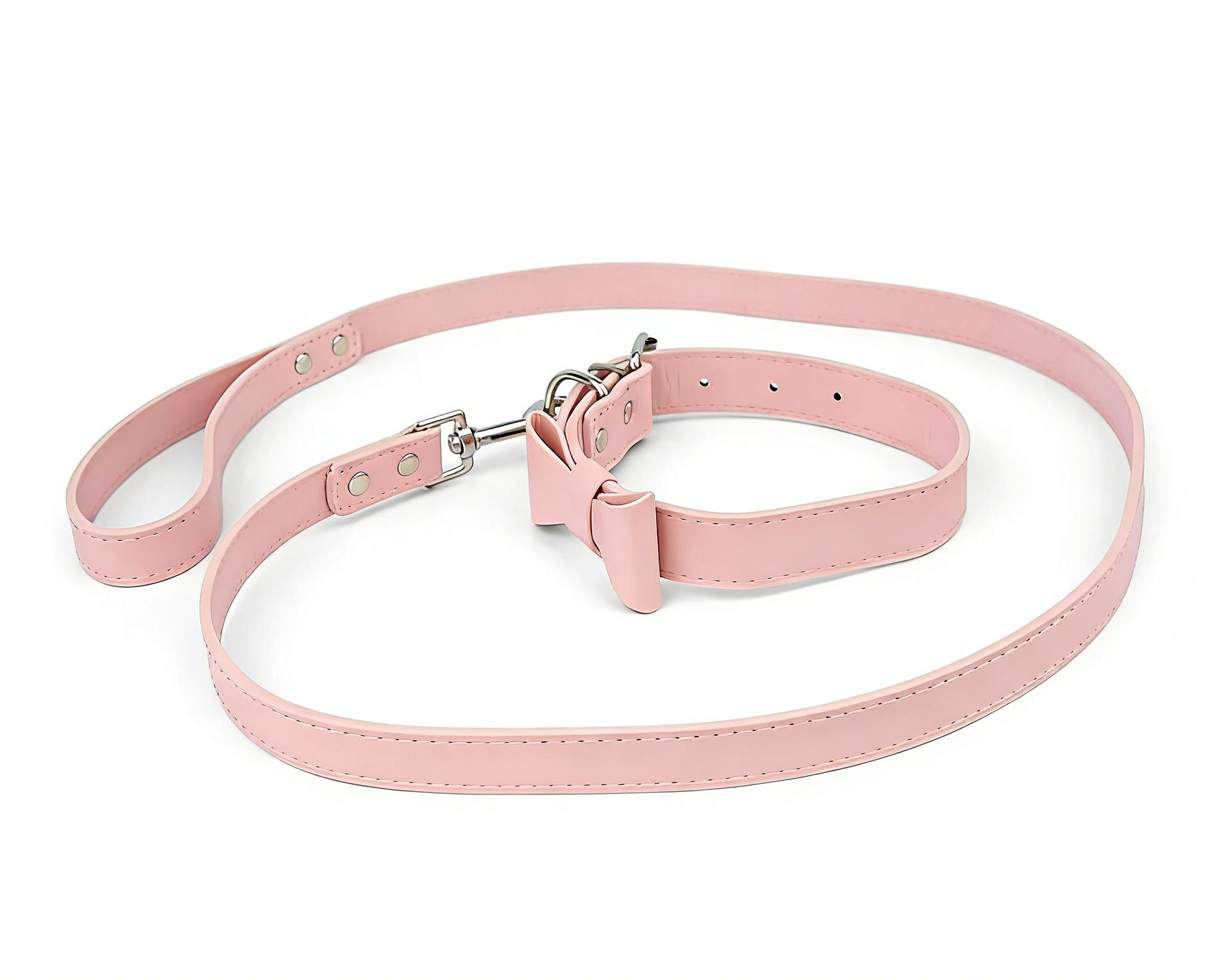 Pink Bow Dog Collar and Leash Vegan Leather