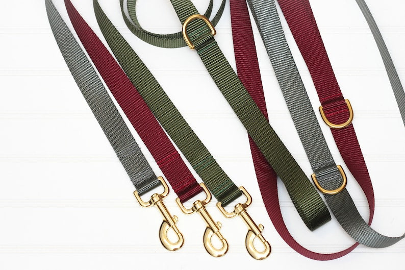 Dog Leash - Webbing, Heavy Duty, Olive, Burgundy, Charcoal Gray, Gold Hardware
