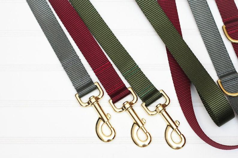 Dog Leash - Webbing, Heavy Duty, Olive, Burgundy, Charcoal Gray, Gold Hardware