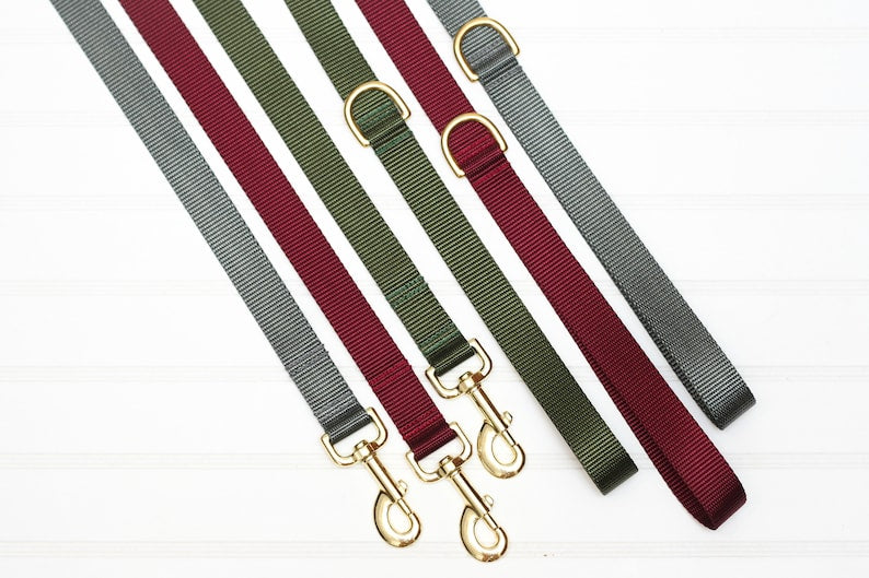 Dog Leash - Webbing, Heavy Duty, Olive, Burgundy, Charcoal Gray, Gold Hardware