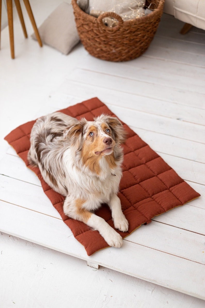 Portable Linen Pet Mat, Dog Roll-Up Travel Mat, Two-sided Linen Pet Bed, Outdoor Linen Dog Bed, Padded Linen Cat Bed, Washable Pet Bed