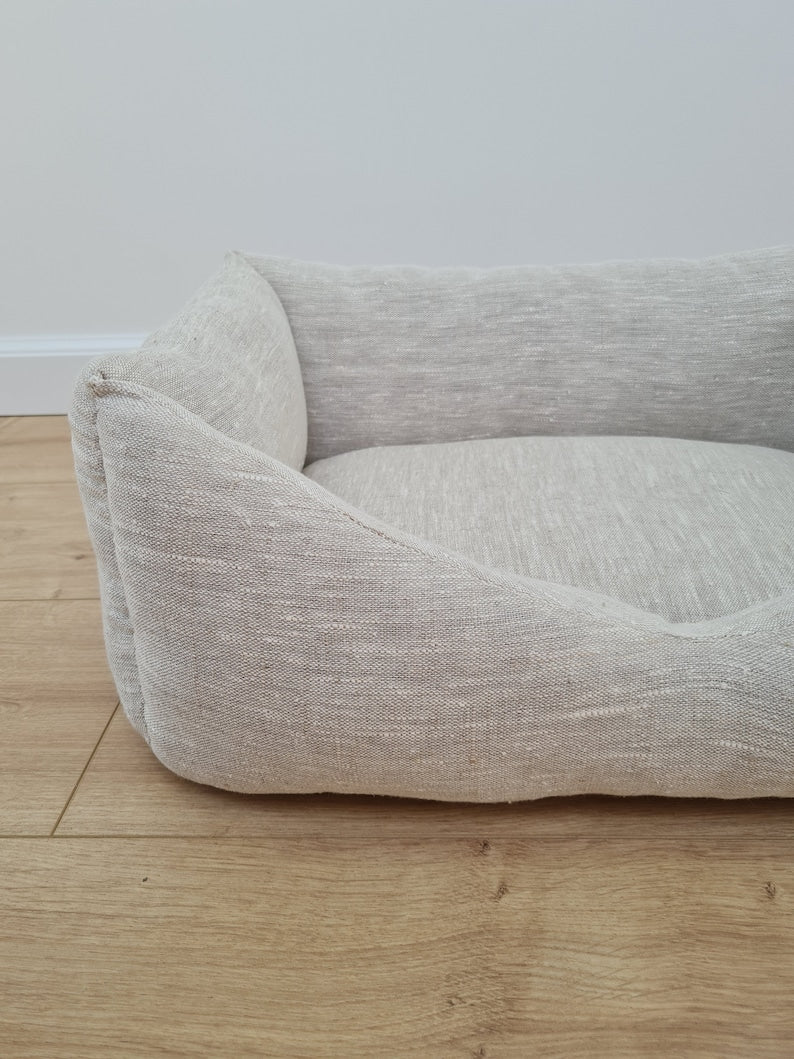 HEMP pet bed in natural non-dyed variegated gray linen fabric filled organic HEMP Fiber - mat carpet - house for cats organic