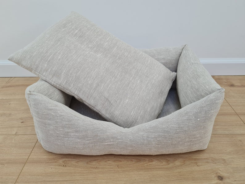 HEMP pet bed in natural non-dyed variegated gray linen fabric filled organic HEMP Fiber - mat carpet - house for cats organic