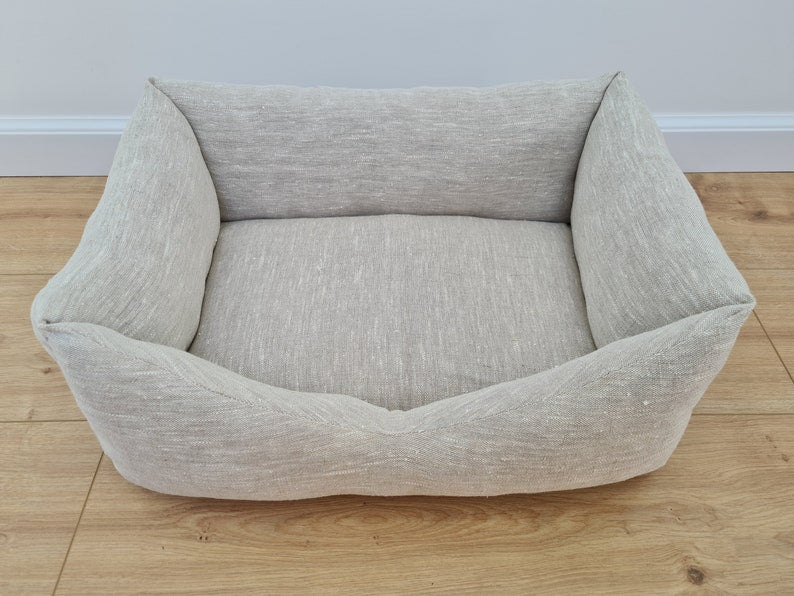 HEMP pet bed in natural non-dyed variegated gray linen fabric filled organic HEMP Fiber - mat carpet - house for cats organic