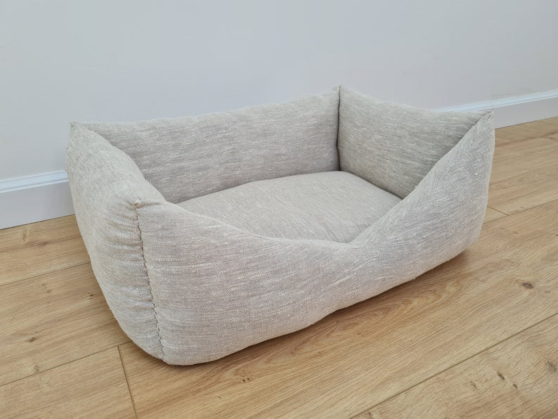 HEMP pet bed in natural non-dyed variegated gray linen fabric filled organic HEMP Fiber - mat carpet - house for cats organic