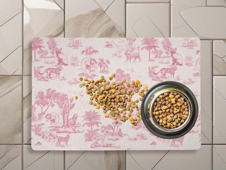 Cute Cat Bowl Mat Pink Girl Cat Food Mat Cat Toile Sweet Luxury Aesthetic Placemat Non Slip Floor Mat Kitchen Cat New Kitten Gift Cat Owner