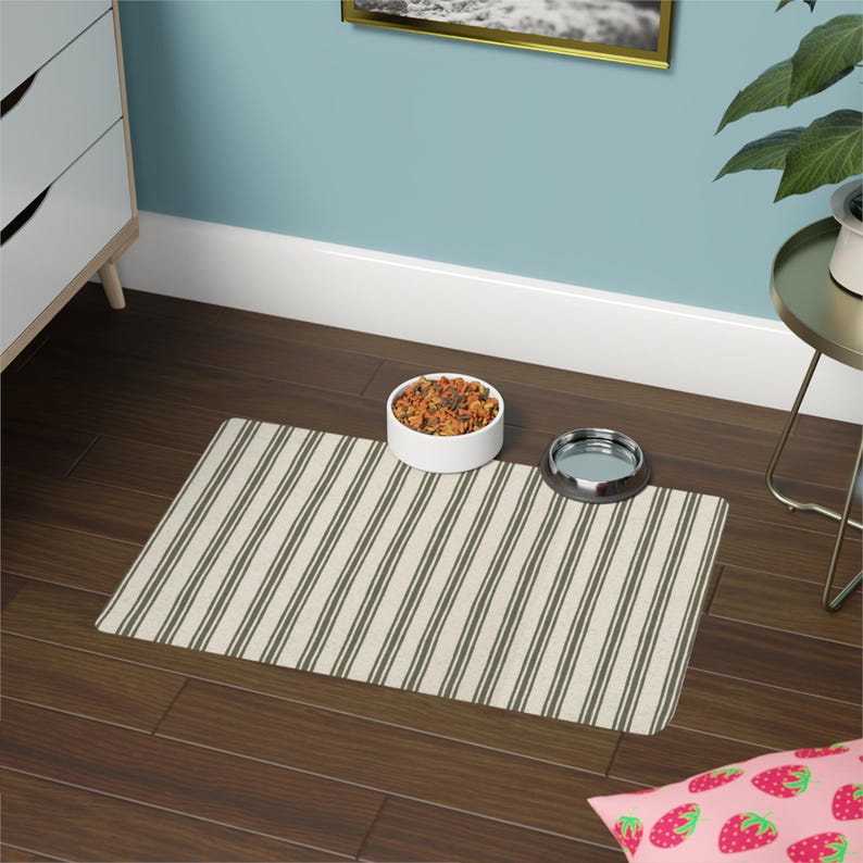 Pet Food Mat – Ticking Stripe Neutral Decor Placemat Easy to Clean