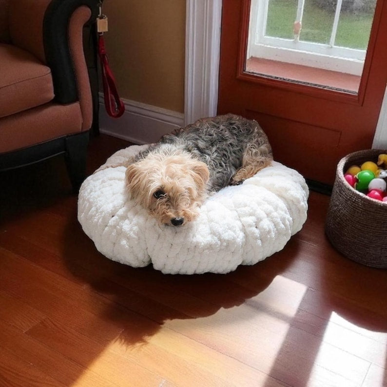 Handmade Chunky Chenille Dog Cat Bed, Personalized Hand Knit Pet Pillows Beds, Custom Pets Bedding Home Accessories, Comfort Cozy Soft,