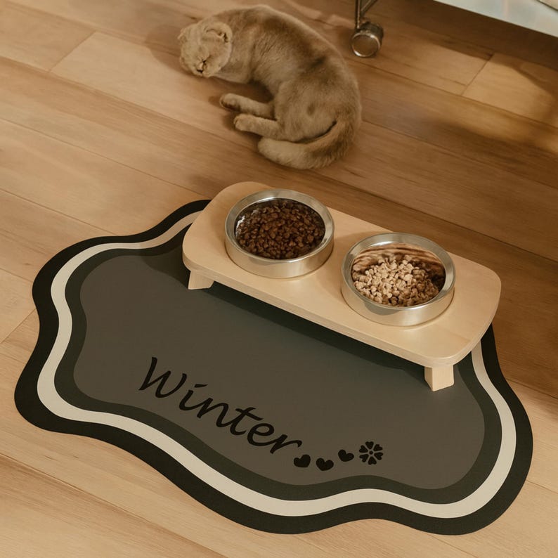 Personalized Pet Feeding Mat: Wavy Dog Bowl Placemat, Non-Slip