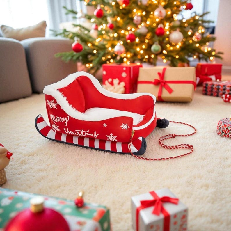 Christmas Sleigh Pet Bed – Cozy Warm Plush Cat & Dog House, Soft Washable Winter Nest, Holiday Gift for Puppy or Kitten