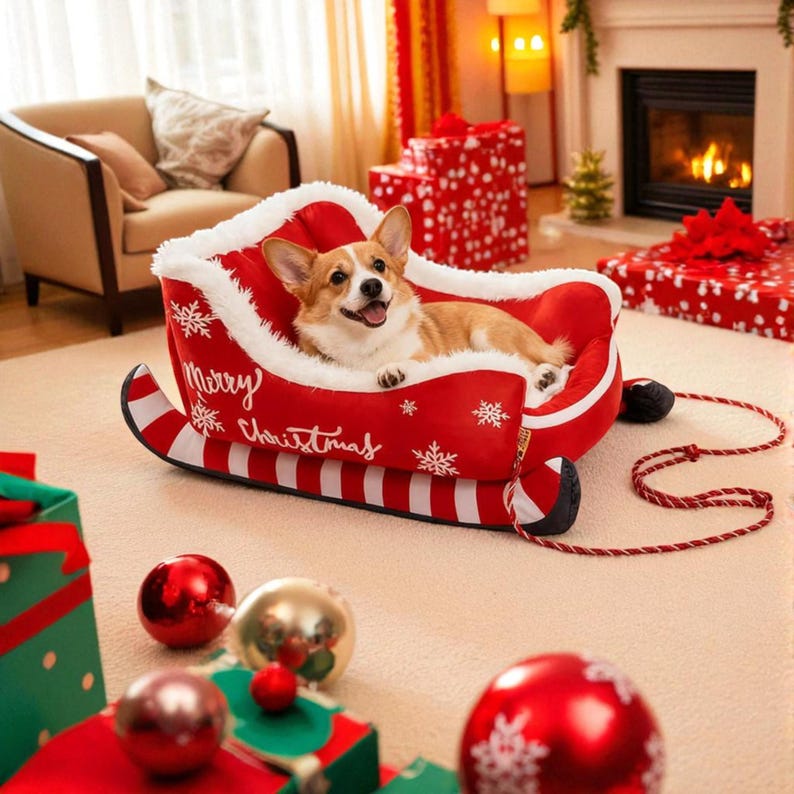 Christmas Sleigh Pet Bed – Cozy Warm Plush Cat & Dog House, Soft Washable Winter Nest, Holiday Gift for Puppy or Kitten
