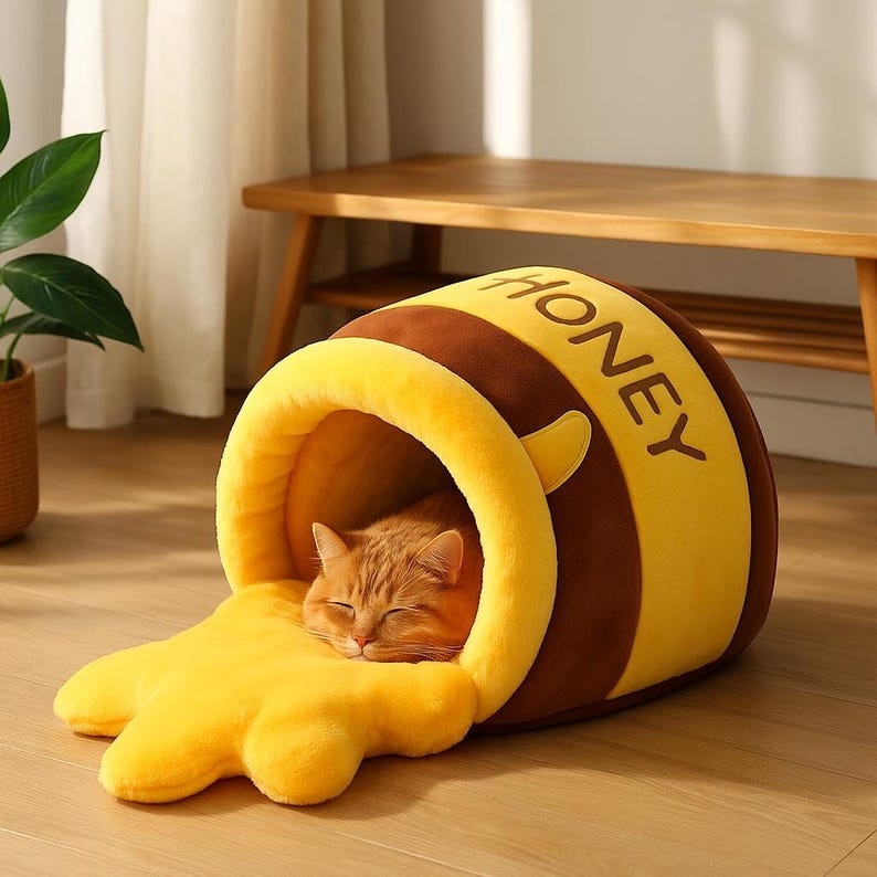 Honeycomb Cat Sofa Bed – XL Cozy Dome, Plush Indoor Pet Couch (Yellow/Brown),Washable & Non-Slip