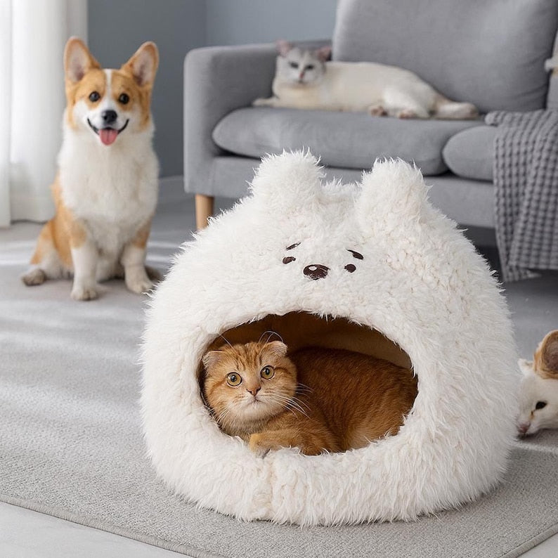 Fluffy Bear Pet Bed for Cats & Small Dogs | Cute Plush Animal Cave | Warm Cozy Cat House | Kawaii Pet Tent | Soft Washable Puppy Bed