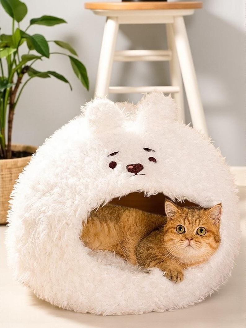 Fluffy Bear Pet Bed for Cats & Small Dogs | Cute Plush Animal Cave | Warm Cozy Cat House | Kawaii Pet Tent | Soft Washable Puppy Bed