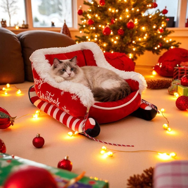 Christmas Sleigh Pet Bed – Cozy Warm Plush Cat & Dog House, Soft Washable Winter Nest, Holiday Gift for Puppy or Kitten