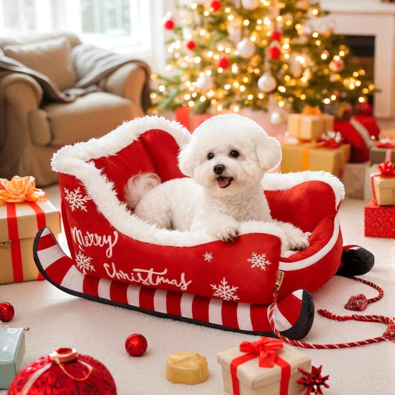 Christmas Sleigh Pet Bed – Cozy Warm Plush Cat & Dog House, Soft Washable Winter Nest, Holiday Gift for Puppy or Kitten