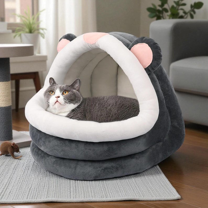 Soft Enclosed Tent Pet House – Cozy Cave Bed for Cats & Small Dogs, Removable Cushion