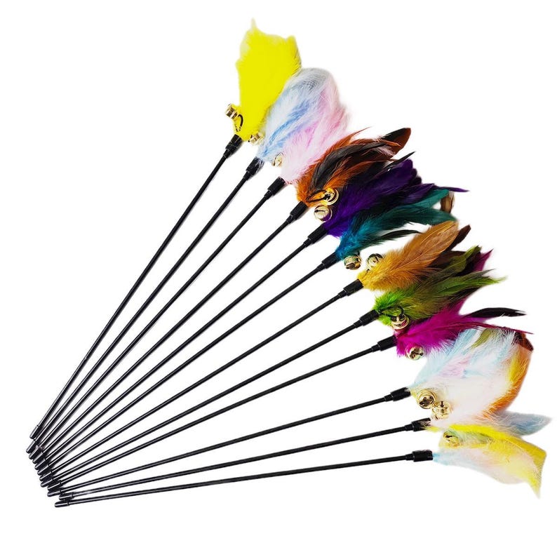 Vibrant Feather with Big Bell Kitten & Cat Teaser Wand – Long Lightweight Handle for Indoor Cat Interactive Play