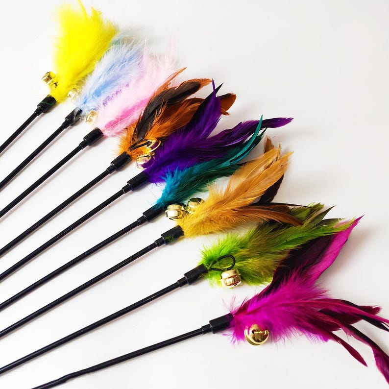 Vibrant Feather with Big Bell Kitten & Cat Teaser Wand – Long Lightweight Handle for Indoor Cat Interactive Play
